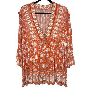 C&C California Orange, cream & blue Boho floral patterned Top Size Medium